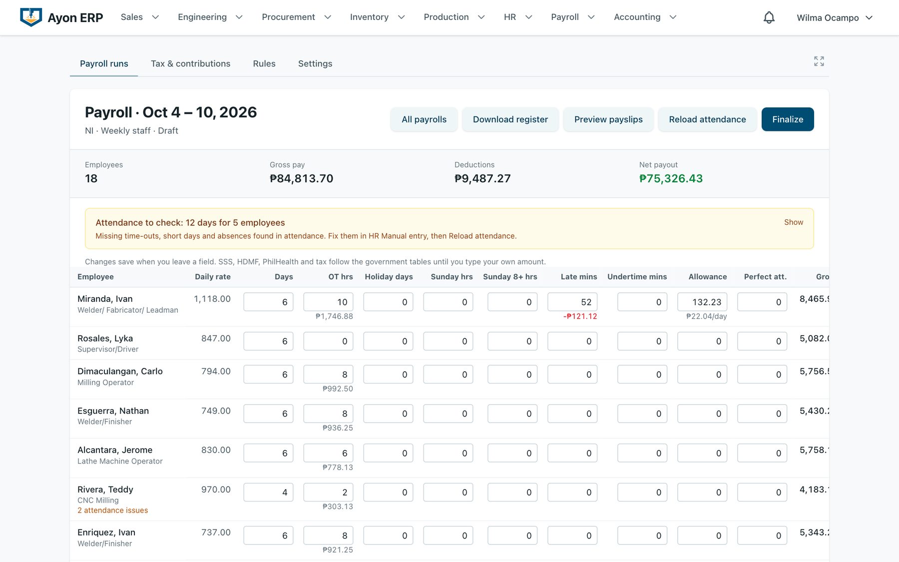 Payroll screen in Ayon