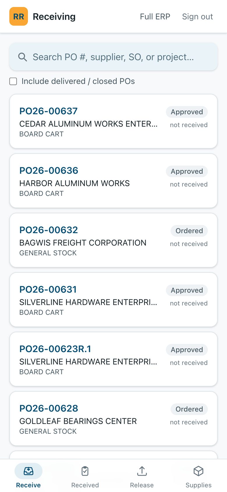 Receiving app listing purchase orders waiting for delivery