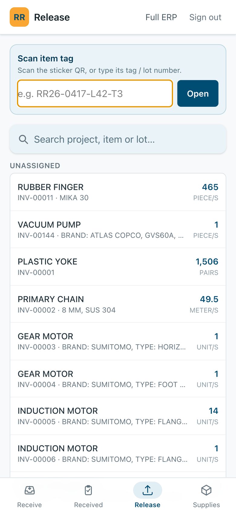 Release screen with a field to scan an item tag