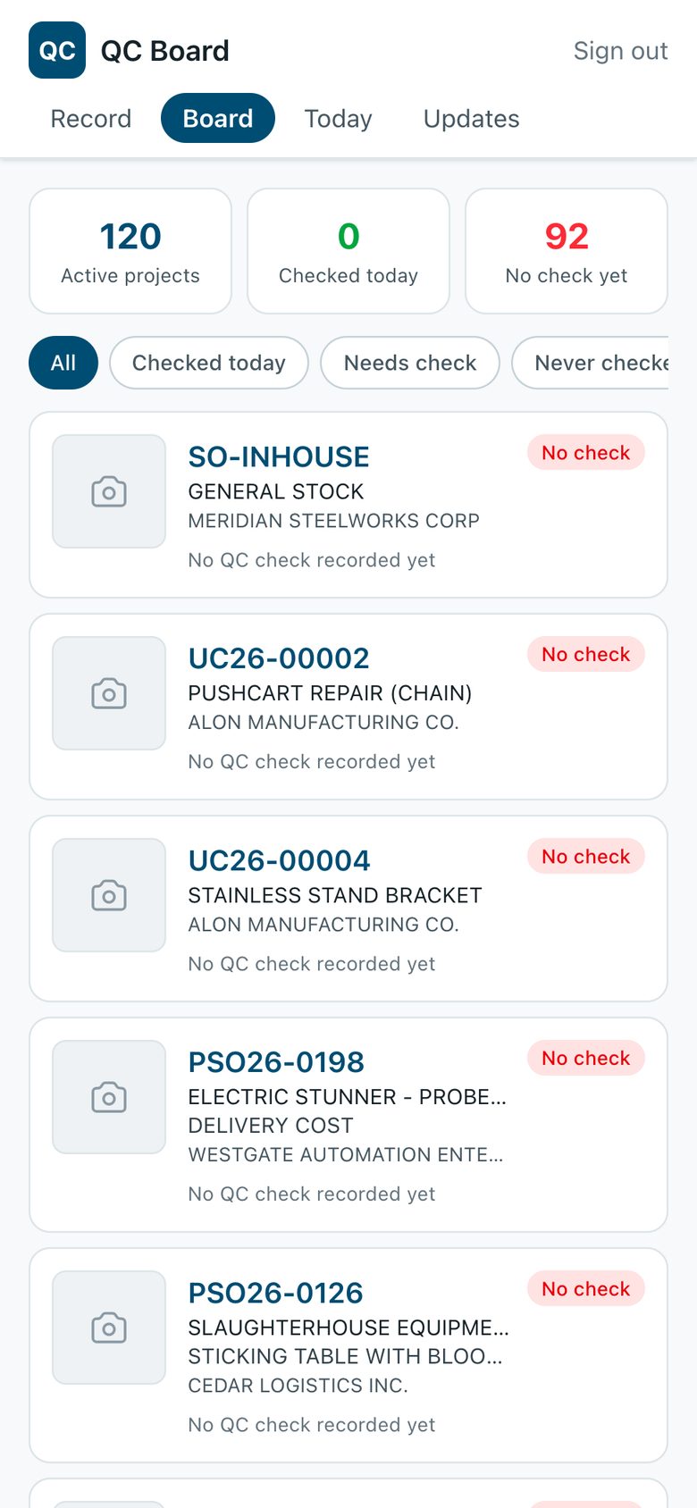 QC board showing jobs with no recent check